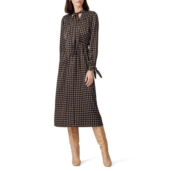 Sweet Baby Jamie Dresses & Skirts - Sweet Baby Jamie Brown Black Geo Midi Dress Dark Academia Professor Tie Neck XS